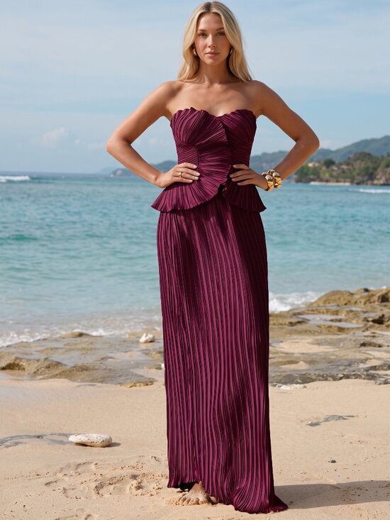 Dresses & Skirts - Women's Deep Purple Pleated Bandeau Top Mermaid Maxi Skirt Set Formal